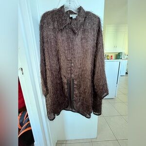 Vintage Brown Fringe/Fuzzy Textured Button Up Tunic Top